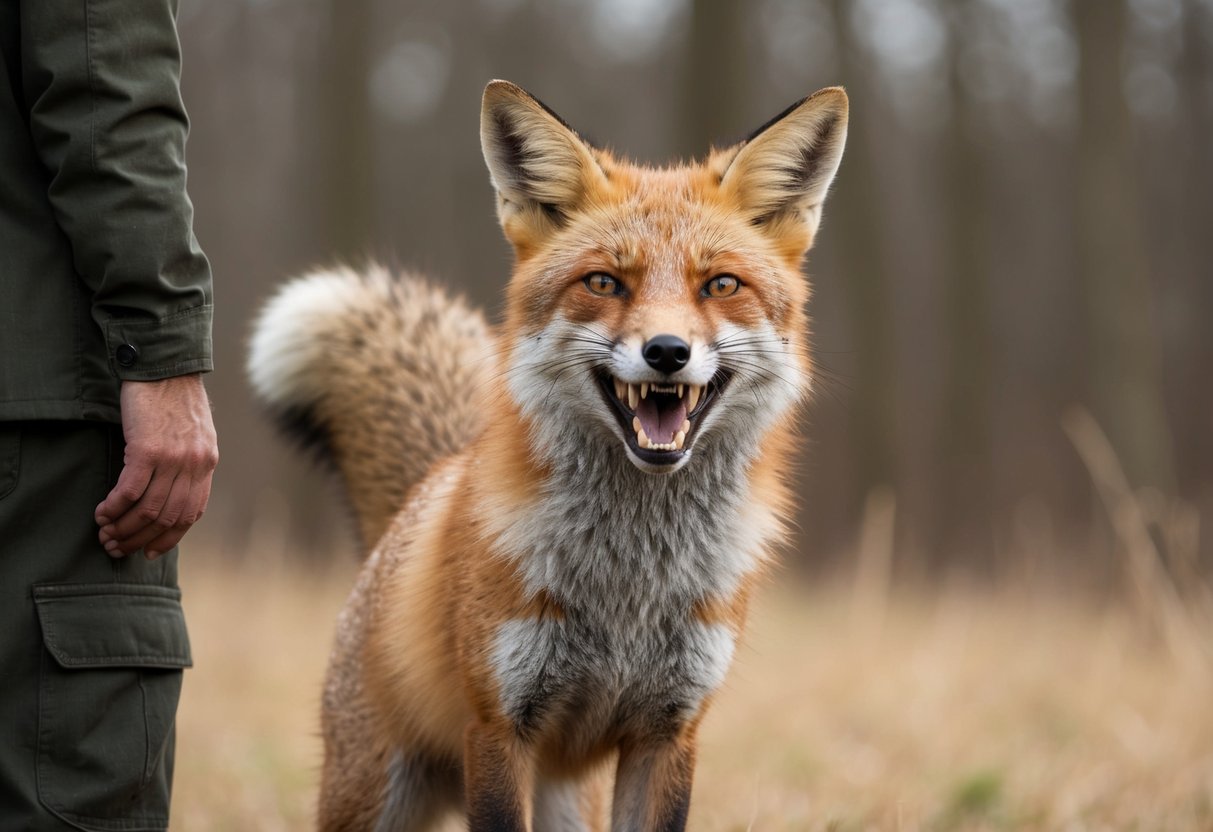A fox standing defensively with bared teeth, ears flattened, and raised tail, facing off against a person or animal