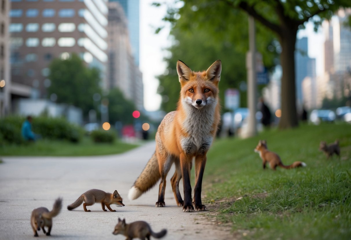 A fox stands in a city park, surrounded by urban buildings and greenery. It watches as smaller animals scurry about, playing a vital role in the urban ecosystem