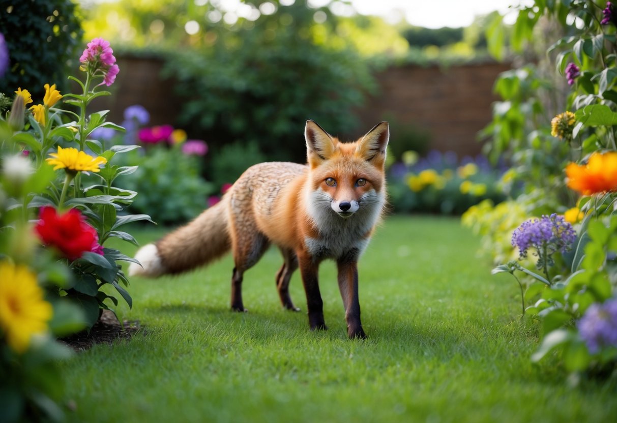 A lush garden with colorful flowers and greenery, a curious fox exploring the space with a playful and inquisitive expression