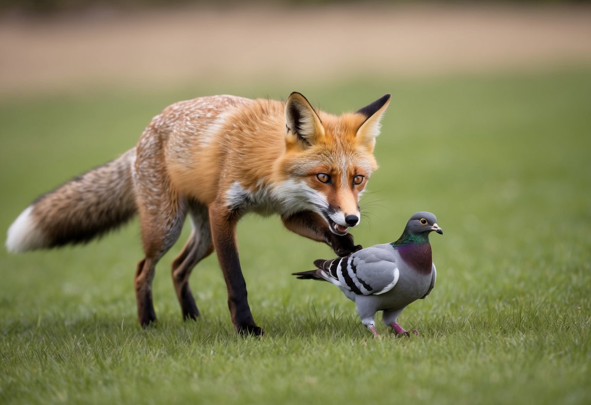 A fox pouncing on a pigeon in a grassy field