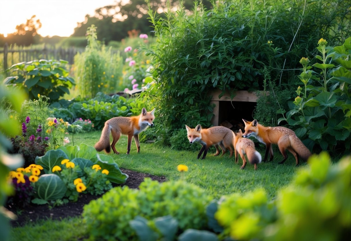 A lush garden with a mix of wildflowers and vegetables, a cozy den hidden in the bushes, and a family of foxes playing in the evening sunlight