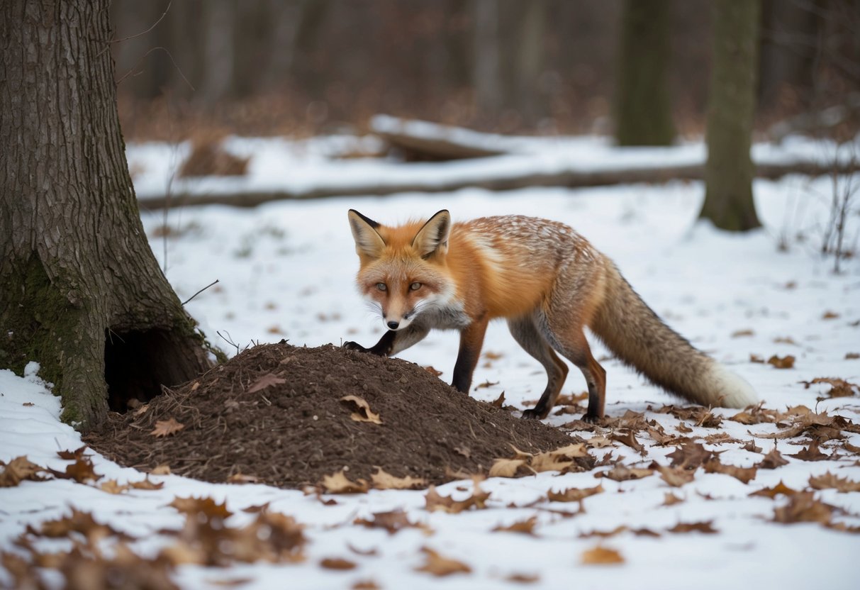 In late winter, a fox digs a den in a wooded area, surrounded by fallen leaves and snow