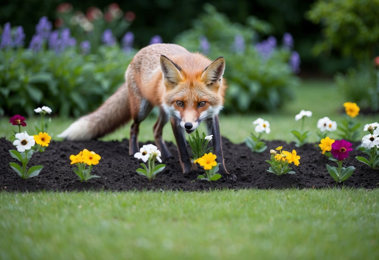 A fox digs up freshly planted flowers in a lush garden bed