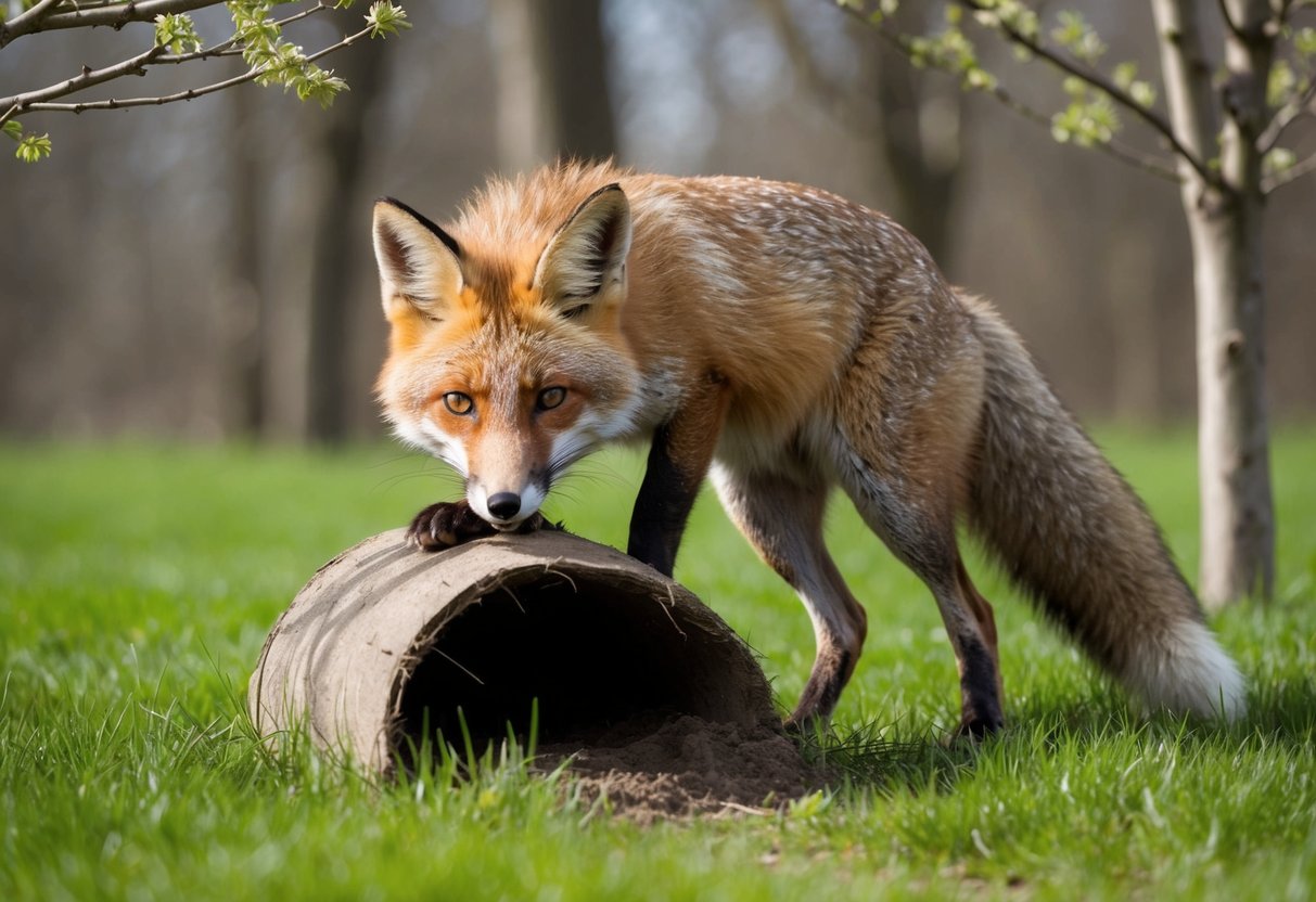 A fox digs a den in the cool, early spring, surrounded by budding trees and fresh green grass