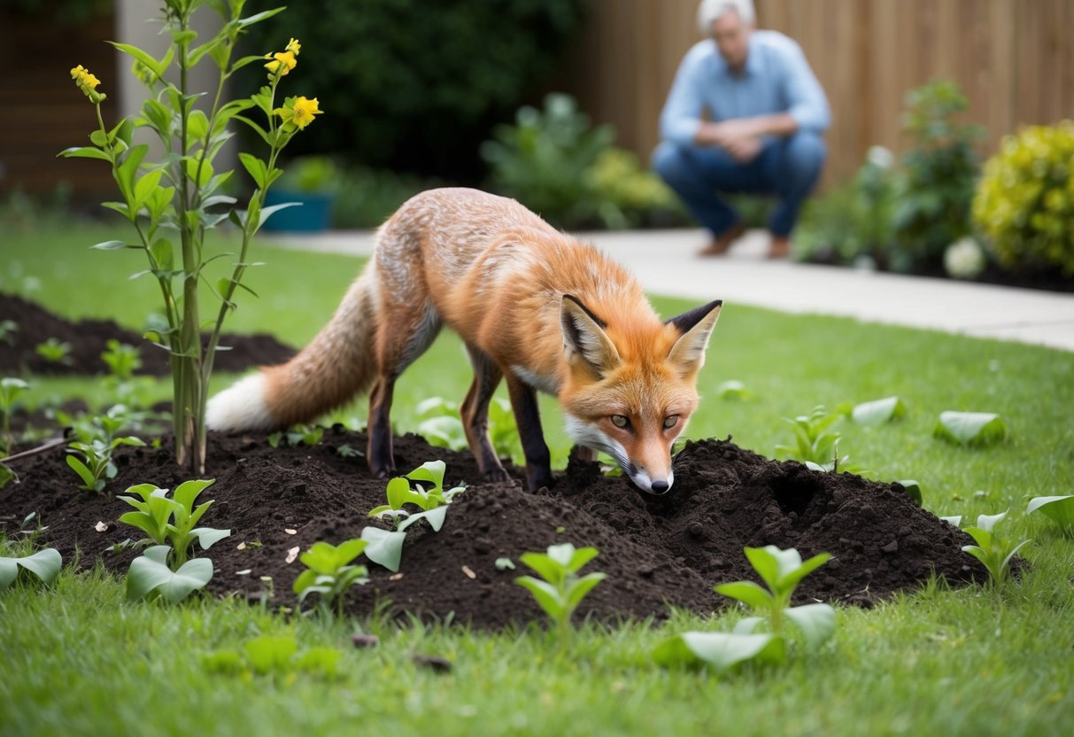 A fox digs in a lush garden, surrounded by overturned soil and scattered plants. A concerned homeowner watches from a distance, worried about the safety of their garden