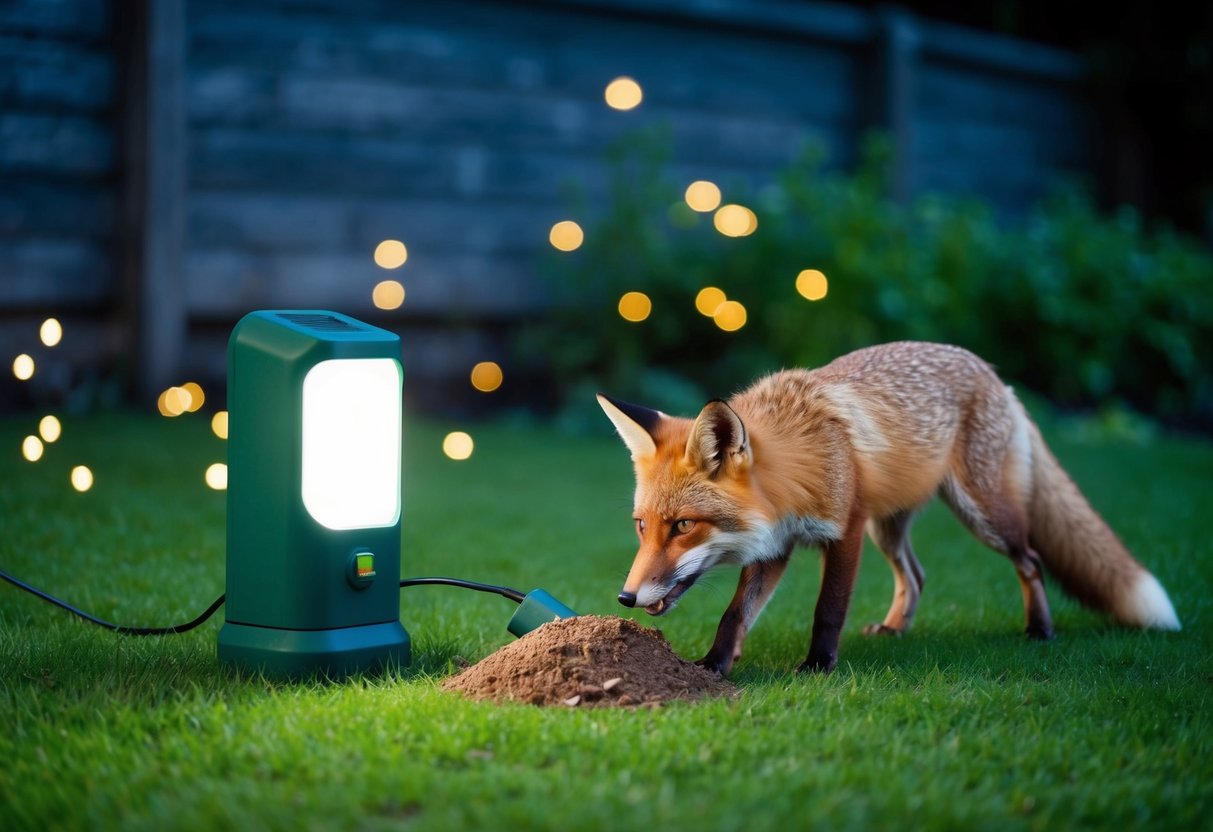A garden at night with a fox digging and a deterrent device emitting a sound or light to repel the fox