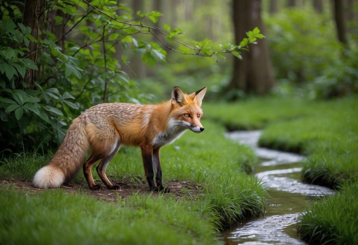 A fox returns to its den in a lush forest clearing, surrounded by vibrant foliage and a winding stream