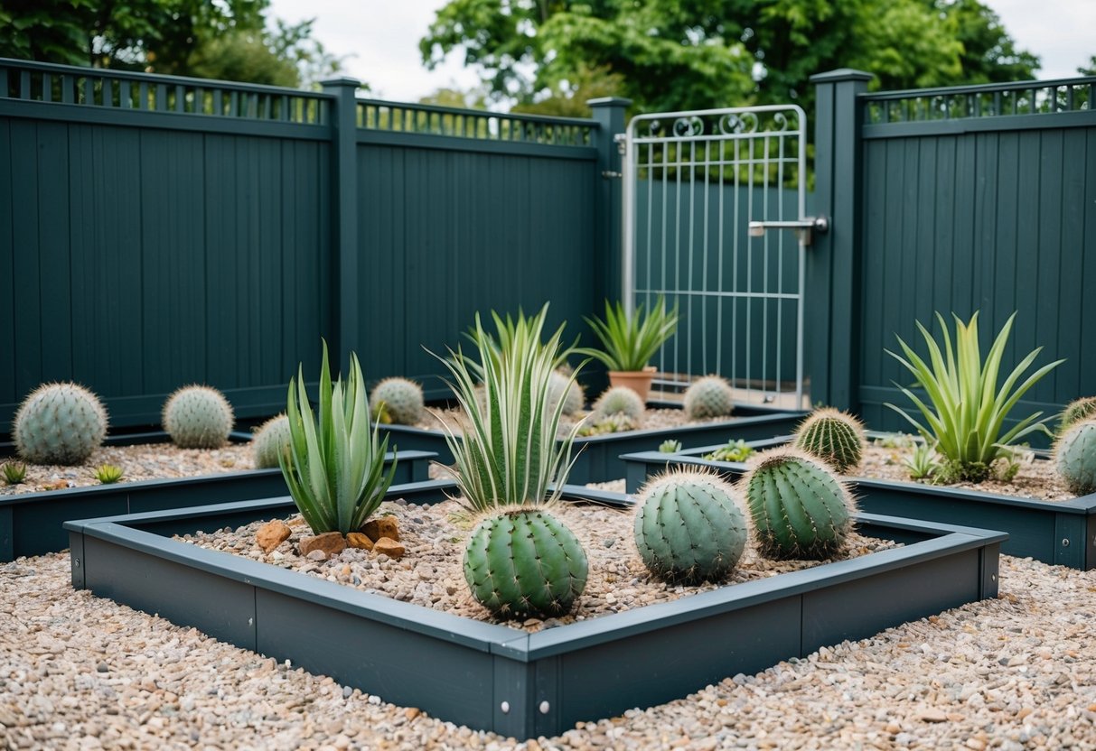 A garden surrounded by a tall, sturdy fence with a locked gate. Raised beds and containers filled with prickly plants and surrounded by gravel or rocks