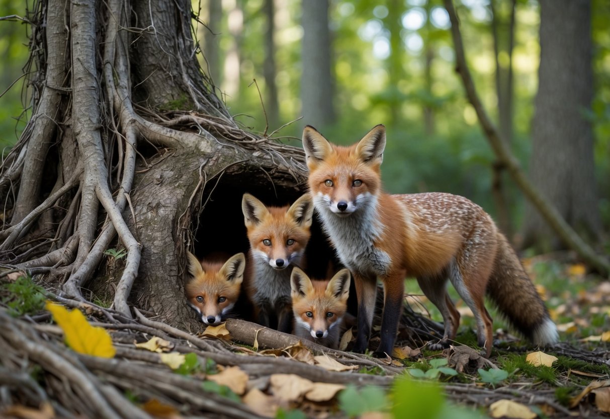 A fox family emerges from a cozy den nestled among tangled roots and fallen leaves in a lush forest clearing