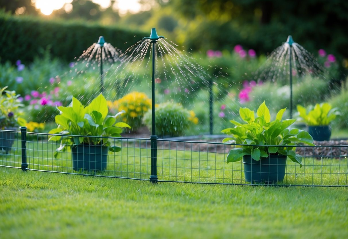 A garden with raised wire mesh barriers, motion-activated sprinklers, and strong-smelling repellent plants to deter foxes from digging