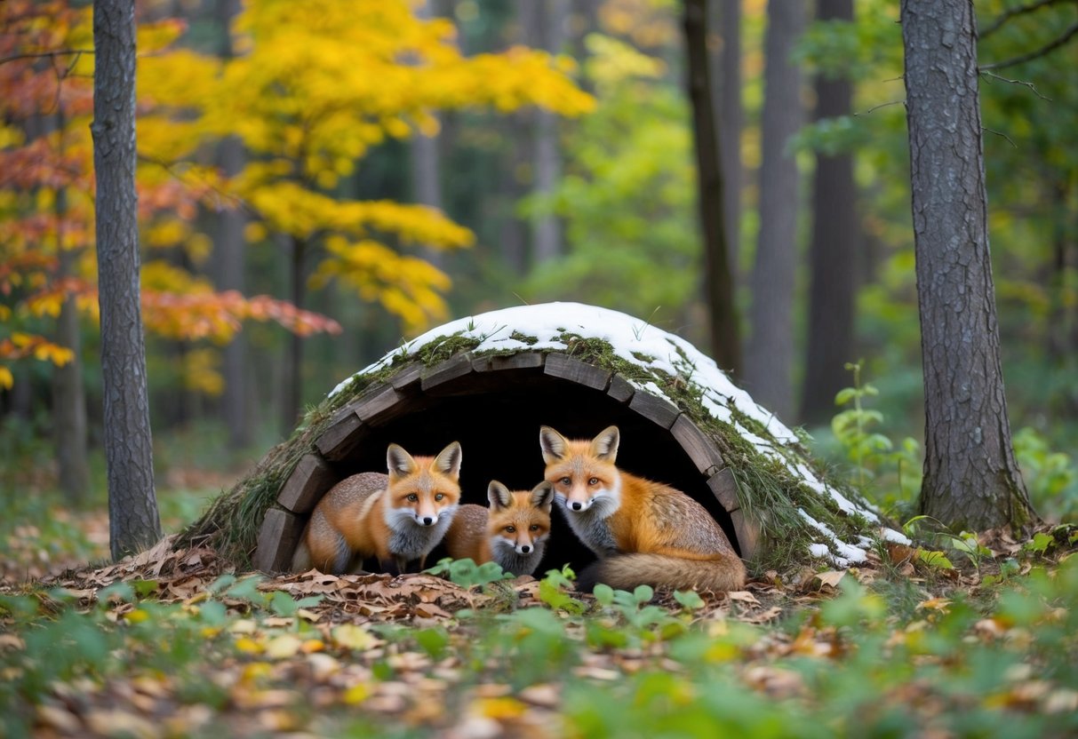 A cozy den nestled in a forest clearing, surrounded by vibrant foliage in autumn, snow-covered trees in winter, and lush greenery in spring. A family of foxes returns each year