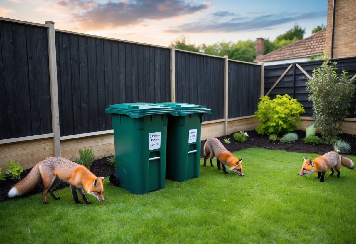 A garden with secure fencing, locked bins, and no food waste left out, with foxes looking for food but unable to access anything