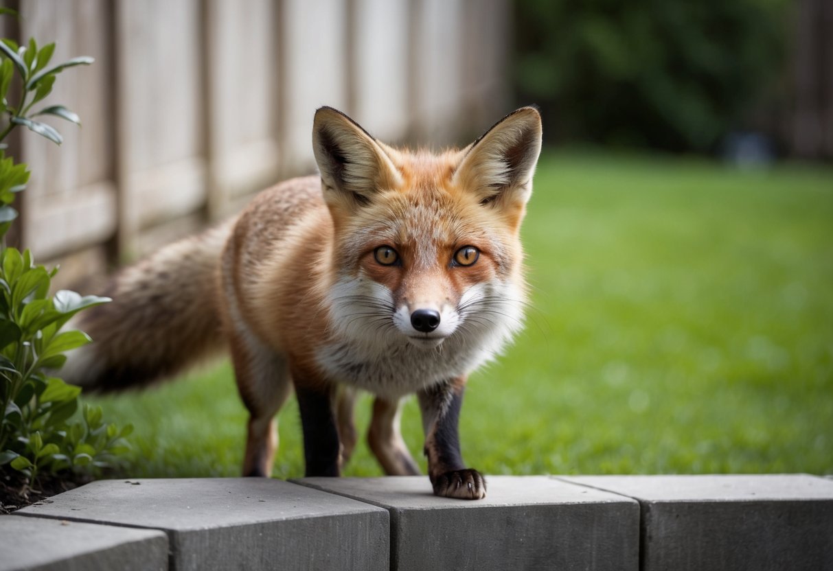 A fox cautiously peers out from the edge of a lush backyard, its ears alert and eyes focused on the surroundings