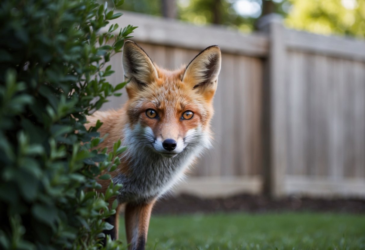 A fox cautiously peeks out from behind a bush in a backyard, ears perked and eyes alert