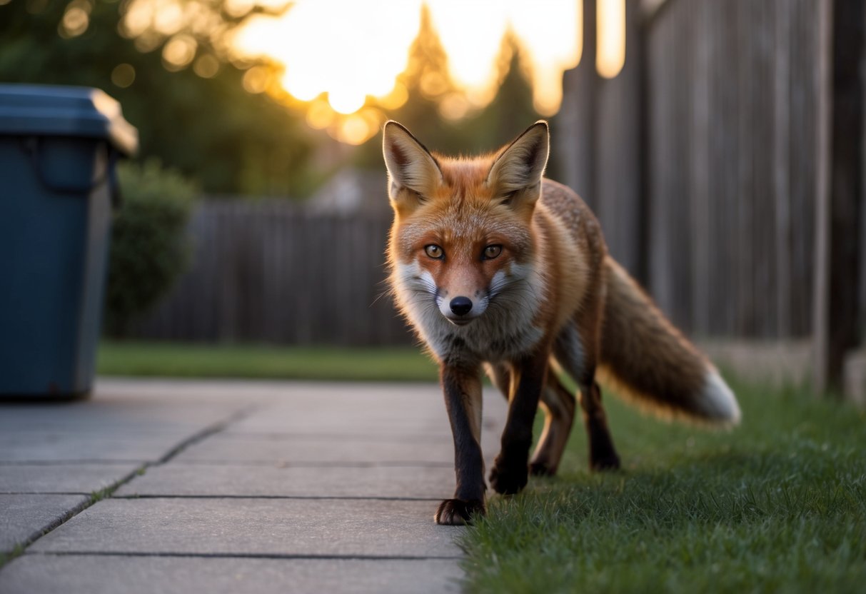 A fox cautiously enters a backyard, its ears perked up as it sniffs the air. The sun sets in the background, casting a warm glow over the scene