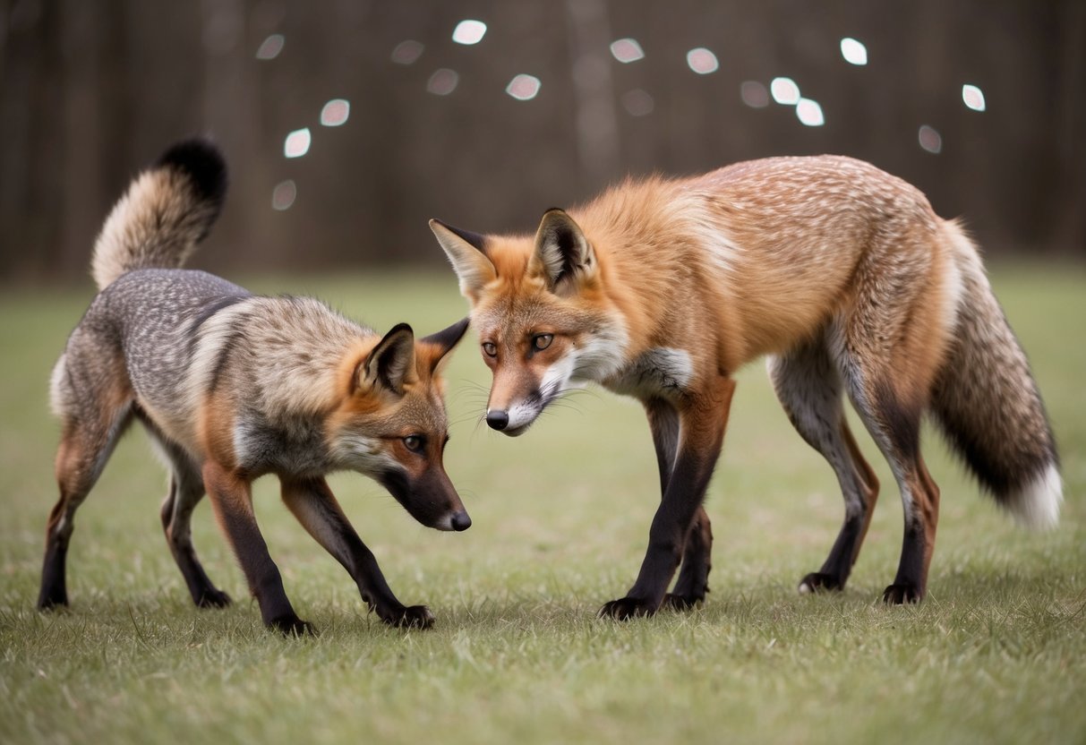 A fox cautiously approaches a female dog in heat, sniffing the air and circling around her