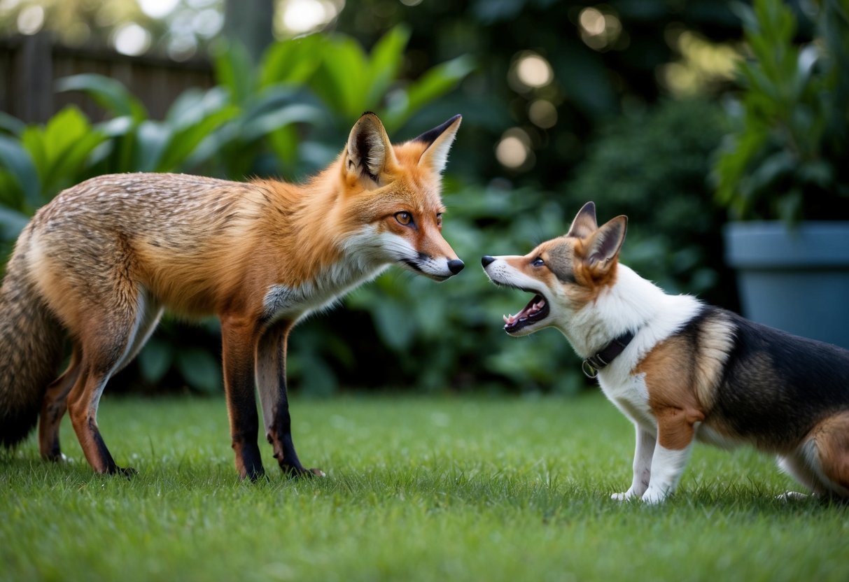 A fox stares warily at a barking dog in a lush garden