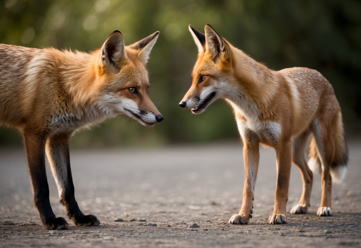 A fox cautiously approaches a female dog in heat, sniffing the air with curiosity