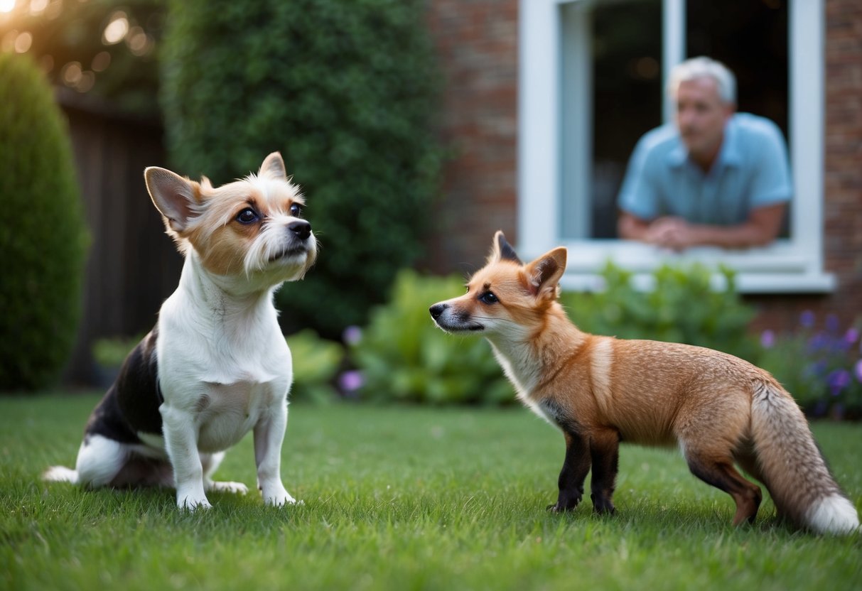 A small dog looks up at a curious fox in a garden, while a concerned owner watches from the window