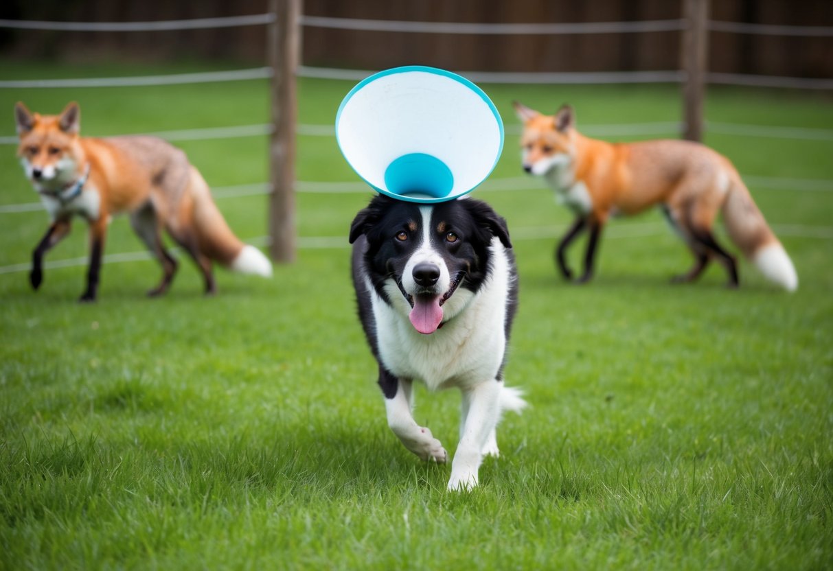 A dog in season wearing a protective cone, surrounded by a fence to prevent foxes from approaching