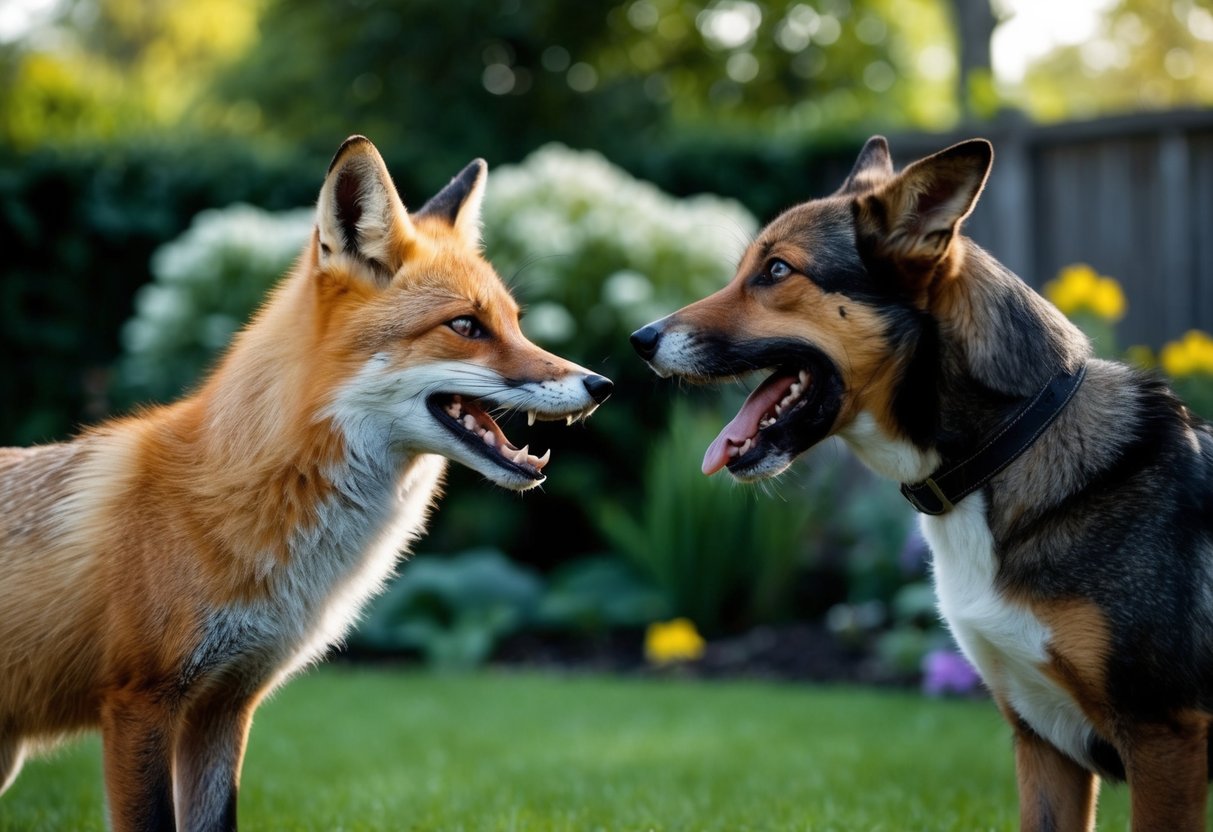 A fox and a dog face off in a garden, the fox showing its teeth while the dog barks defensively
