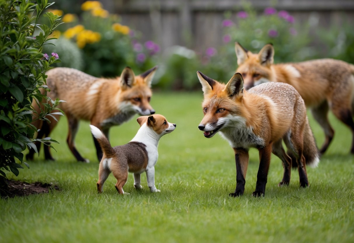 A fox cautiously approaches a small dog in a garden, while other foxes roam nearby