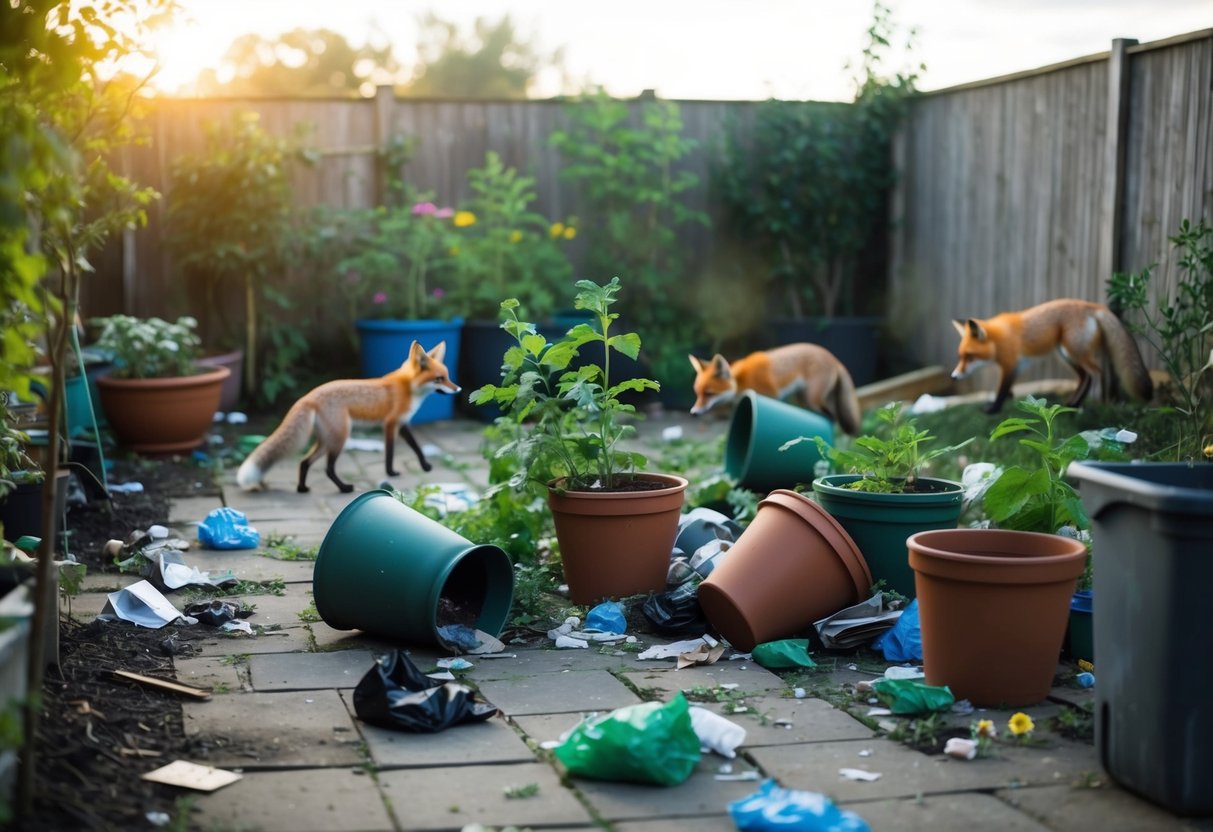 A garden with overturned pots, scattered garbage, and damaged plants. Foxes are seen sneaking around the perimeter