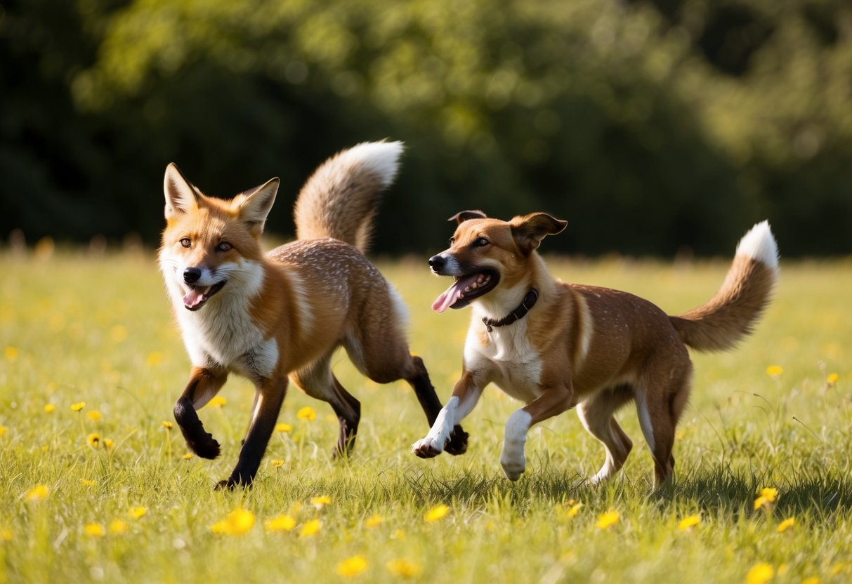 A fox and a dog playfully chase each other through a sunlit meadow, their tails wagging and tongues lolling in a display of friendship