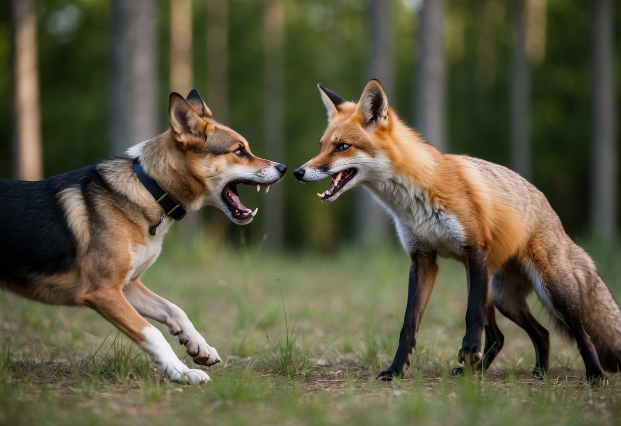 A snarling dog and a sleek fox face off in a forest clearing, teeth bared and fur bristling, ready to engage in a fierce battle