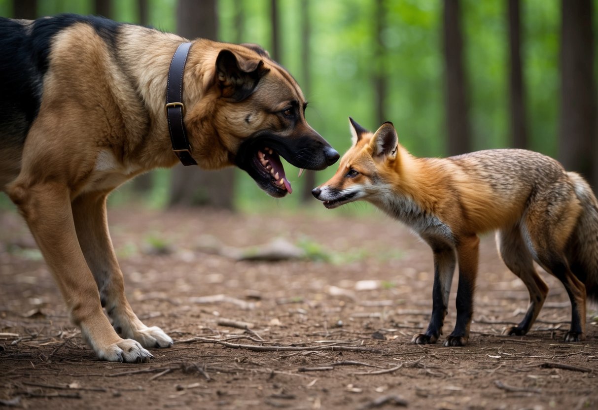 A large, muscular dog with sharp teeth and powerful jaws faces off against a sleek and agile fox with keen senses and quick reflexes in a forest clearing