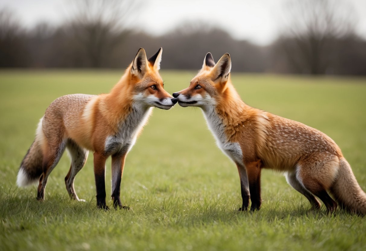 A red fox cautiously approaches a friendly-looking dog in a grassy clearing, their noses almost touching as they sniff each other curiously
