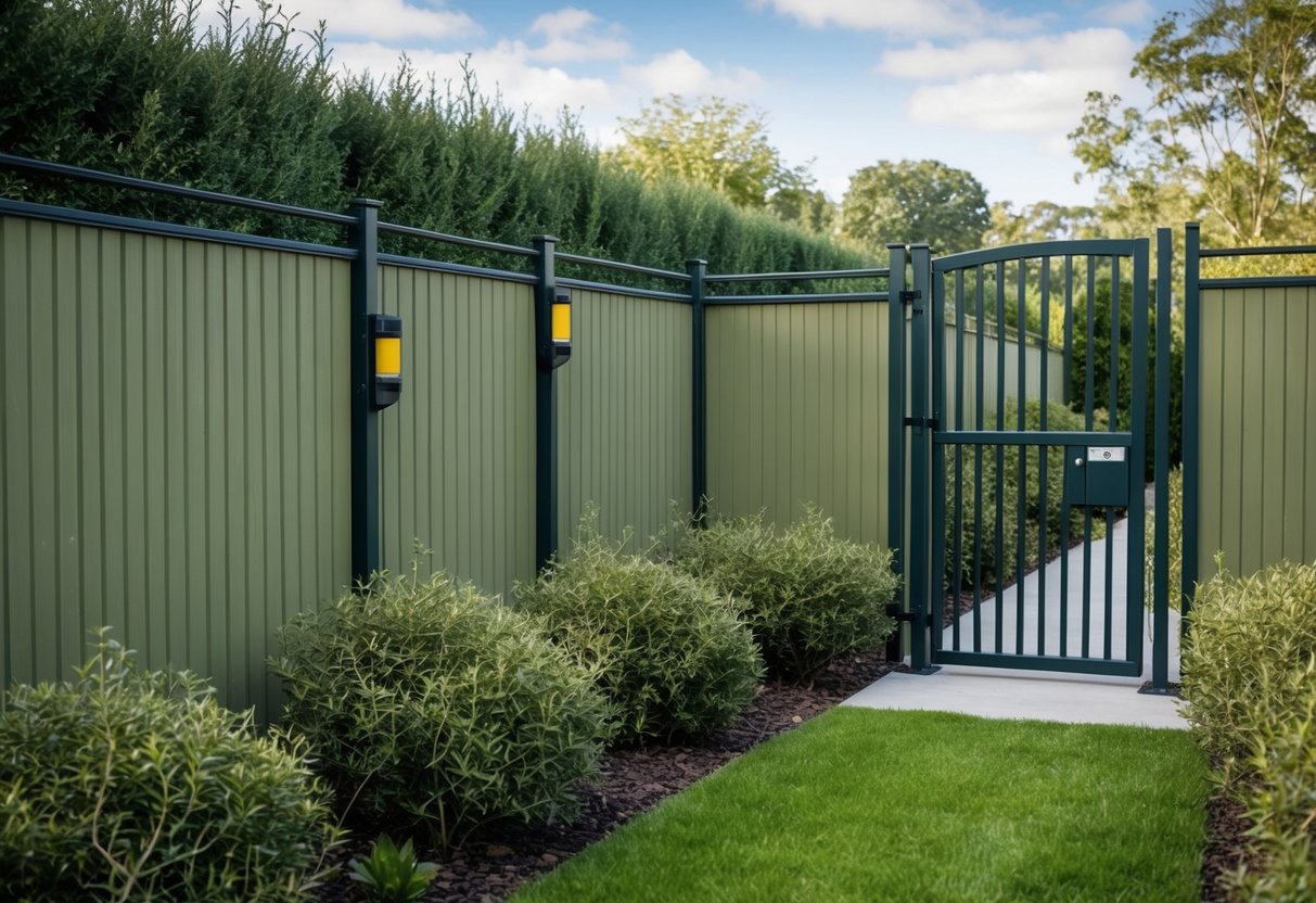 A fenced garden with tall, sturdy barriers and motion-activated deterrents, surrounded by dense, thorny shrubs and a secure, locked gate