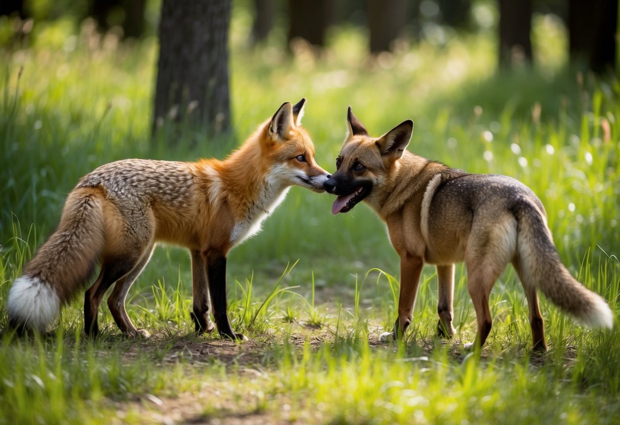 A fox and a dog cautiously sniff each other's noses in a wooded clearing, surrounded by tall grass and dappled sunlight