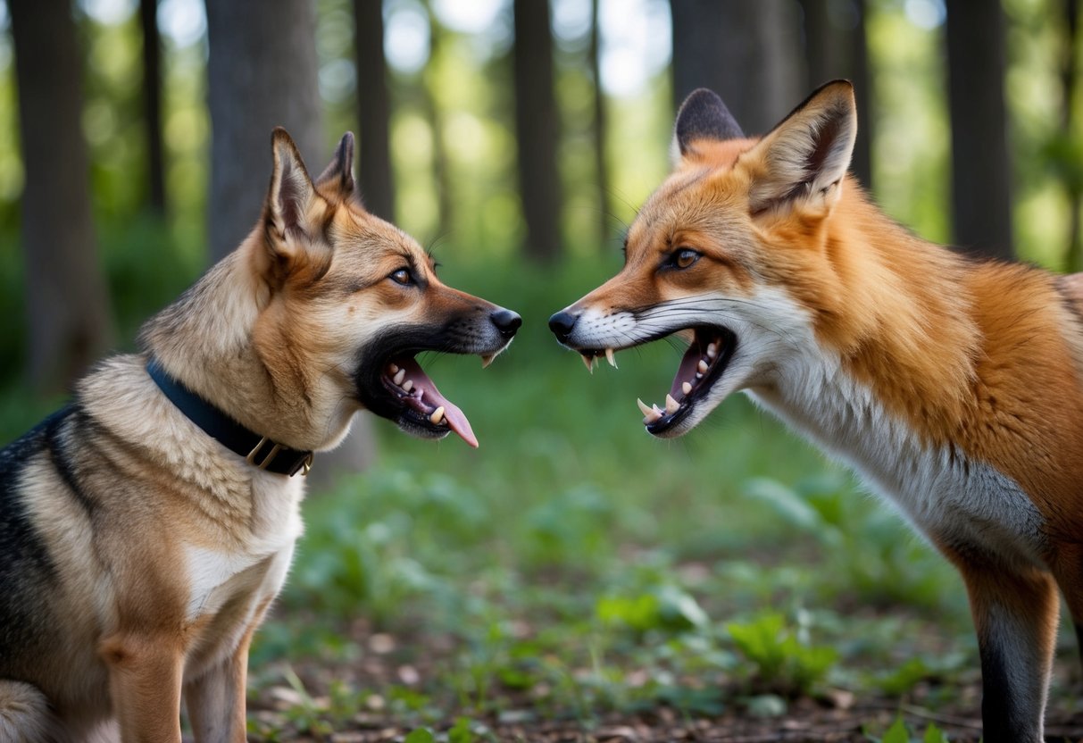 A dog and a fox face off in a forest clearing, snarling and baring their teeth, ready to fight for dominance