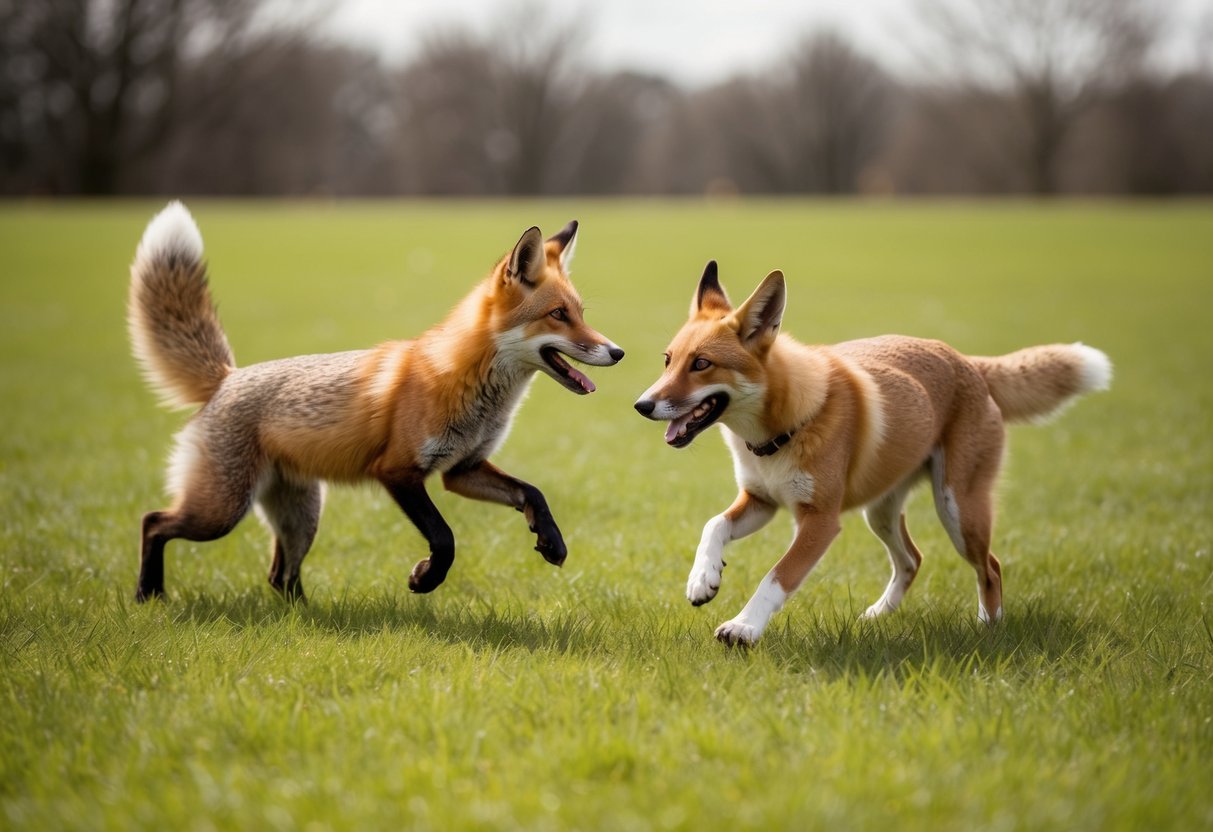 A fox and a dog playfully chase each other in a grassy field, their tails wagging as they frolic together