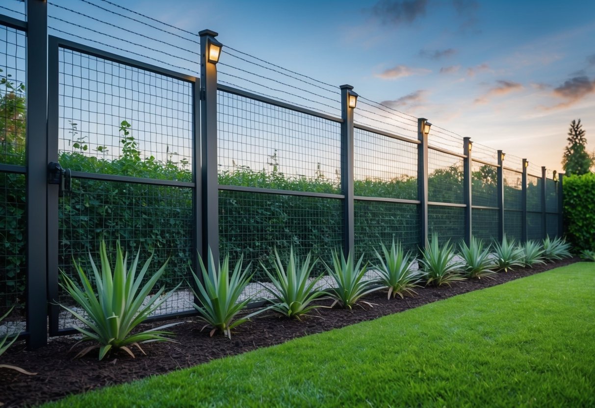 A sturdy fence surrounds a garden, topped with wire mesh and motion-activated lights. Spiky plants line the perimeter