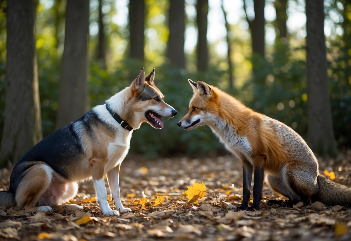 A fierce dog and a cunning fox face off in a wooded clearing, surrounded by fallen leaves and dappled sunlight