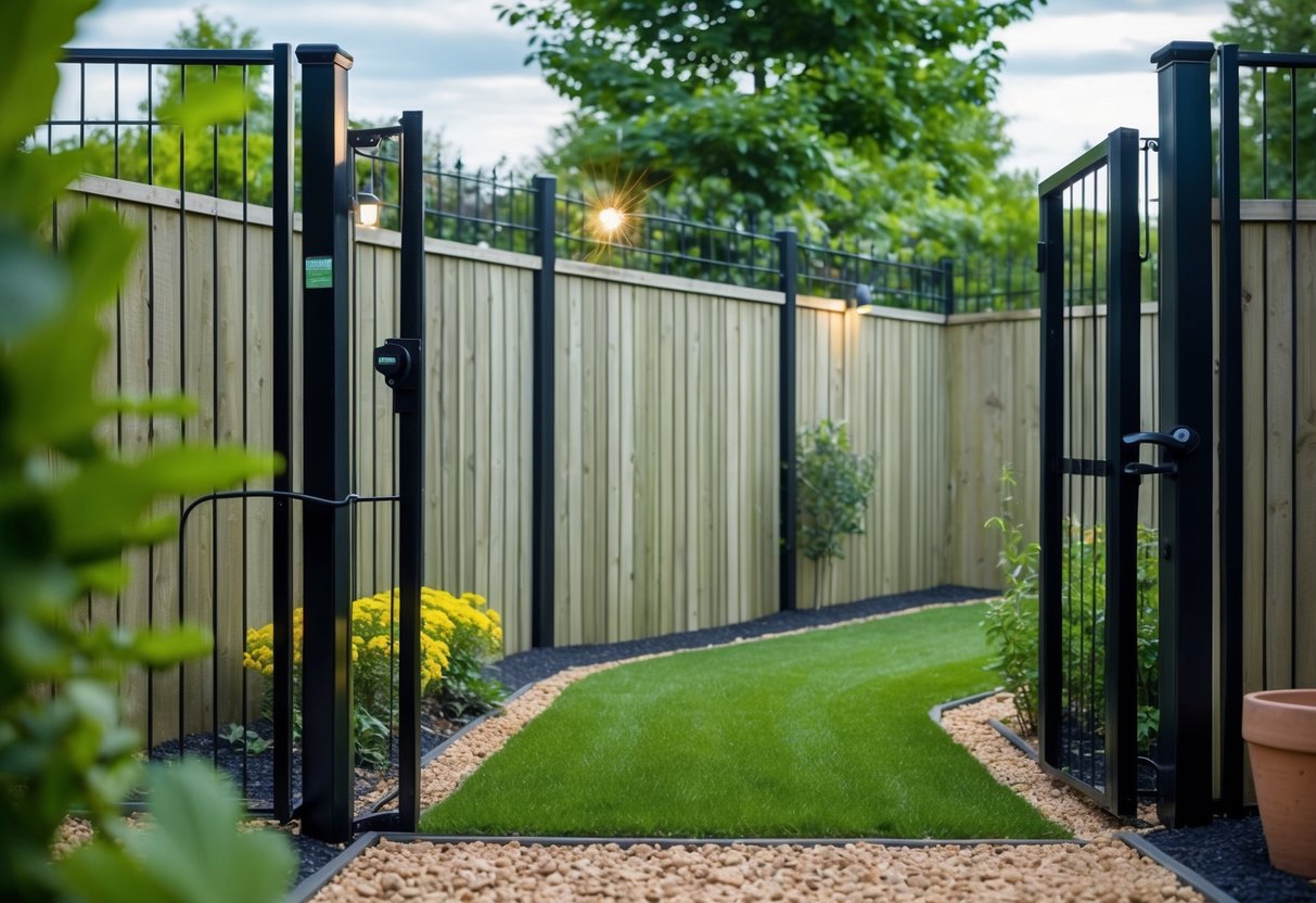 A garden surrounded by a tall fence with a locked gate. Motion-activated sprinklers and bright lights installed to deter foxes