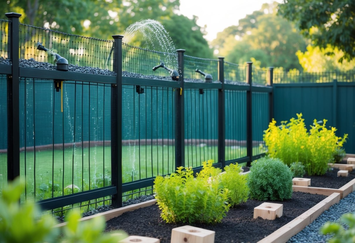A garden surrounded by a tall fence topped with netting, motion-activated sprinklers, and strategically placed scent deterrents