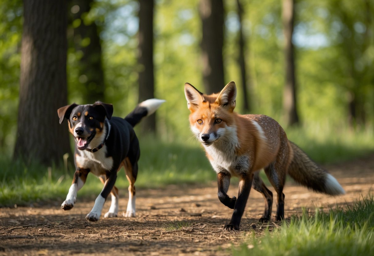 A fox darts through a sun-dappled forest, pursued by a barking dog
