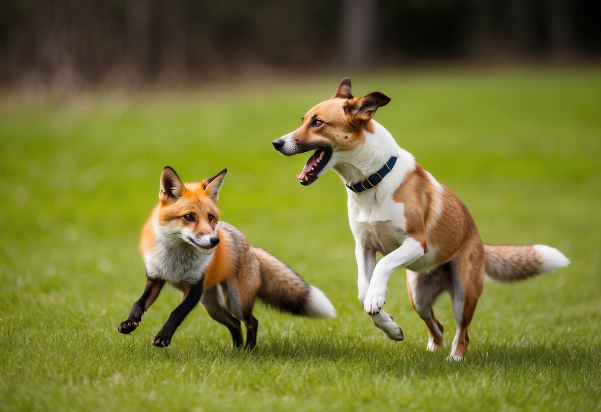 A dog barking at a fox, which is running away with its tail between its legs