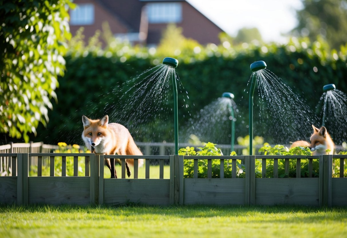 A garden with raised fences and motion-activated sprinklers to deter foxes from pooping