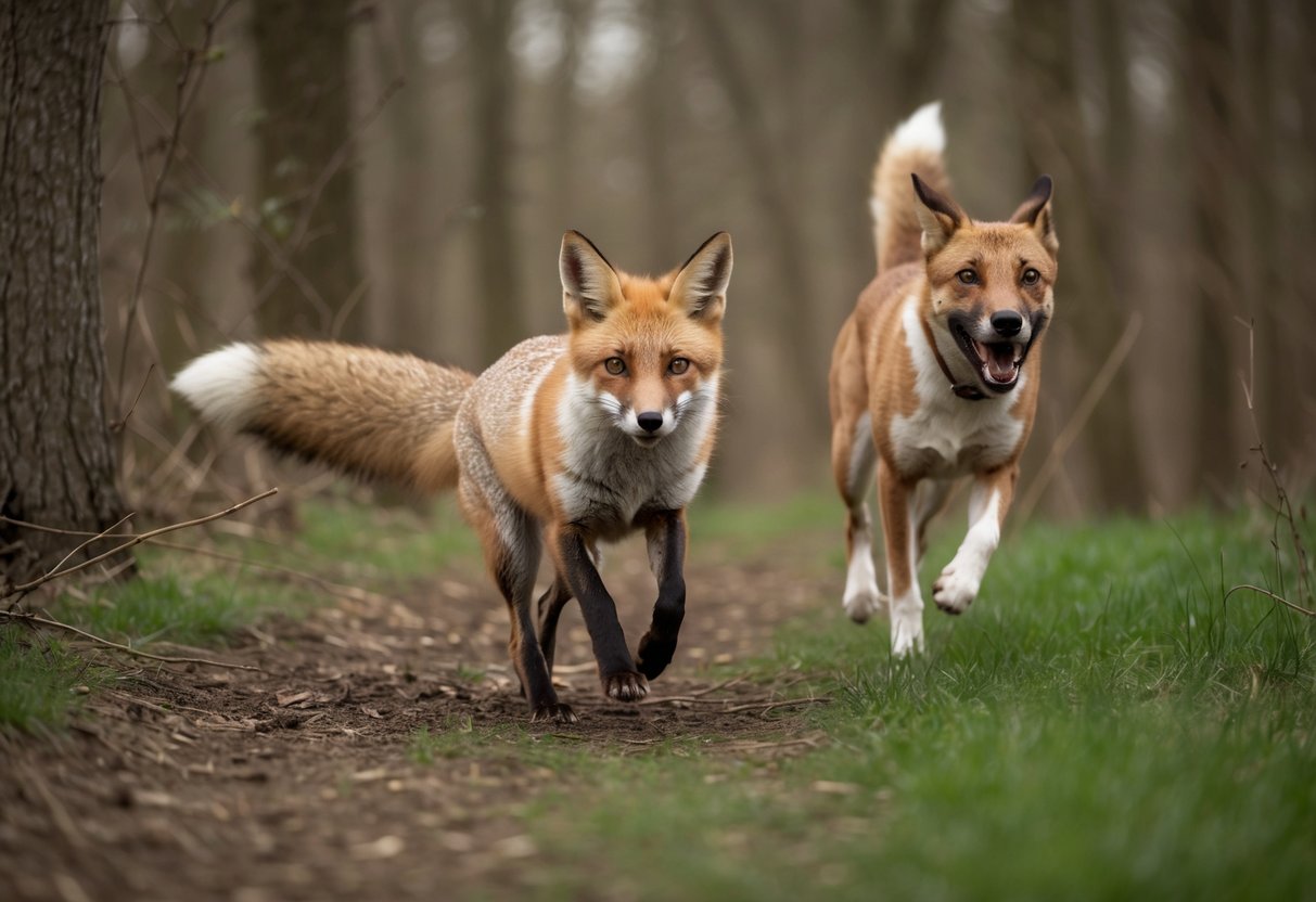 A fox darts through a wooded area, pursued by a barking dog