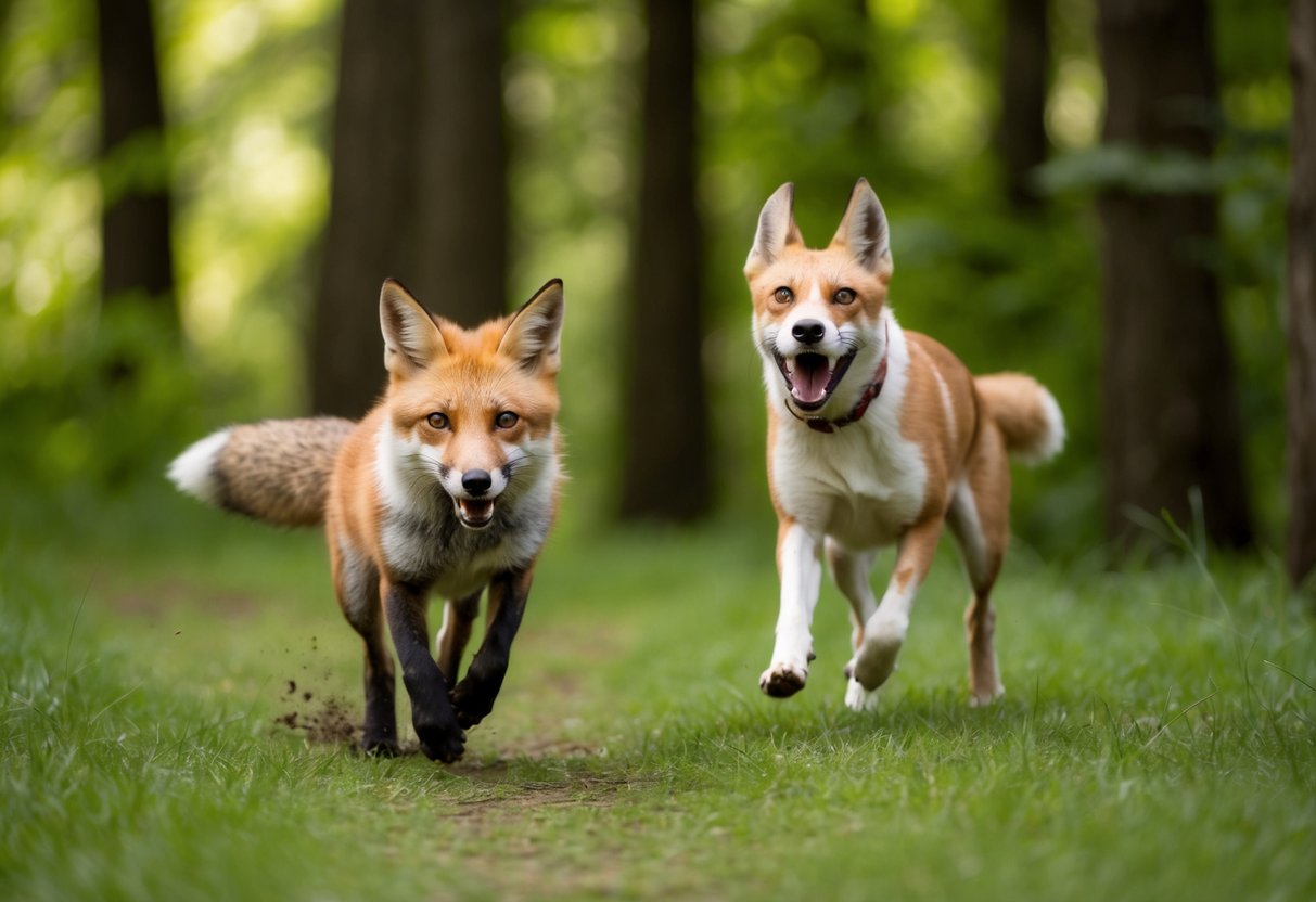 A fox sprints through a lush forest, pursued by a barking dog