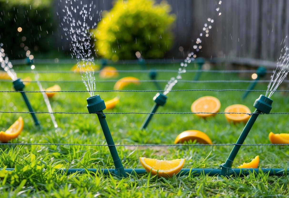 A garden with raised wire fencing, motion-activated sprinklers, and scattered citrus peels to deter foxes from pooping