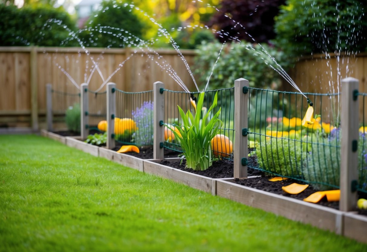 A garden with raised fences, motion-activated sprinklers, and natural deterrents like citrus peels and vinegar-soaked rags to prevent foxes from pooping