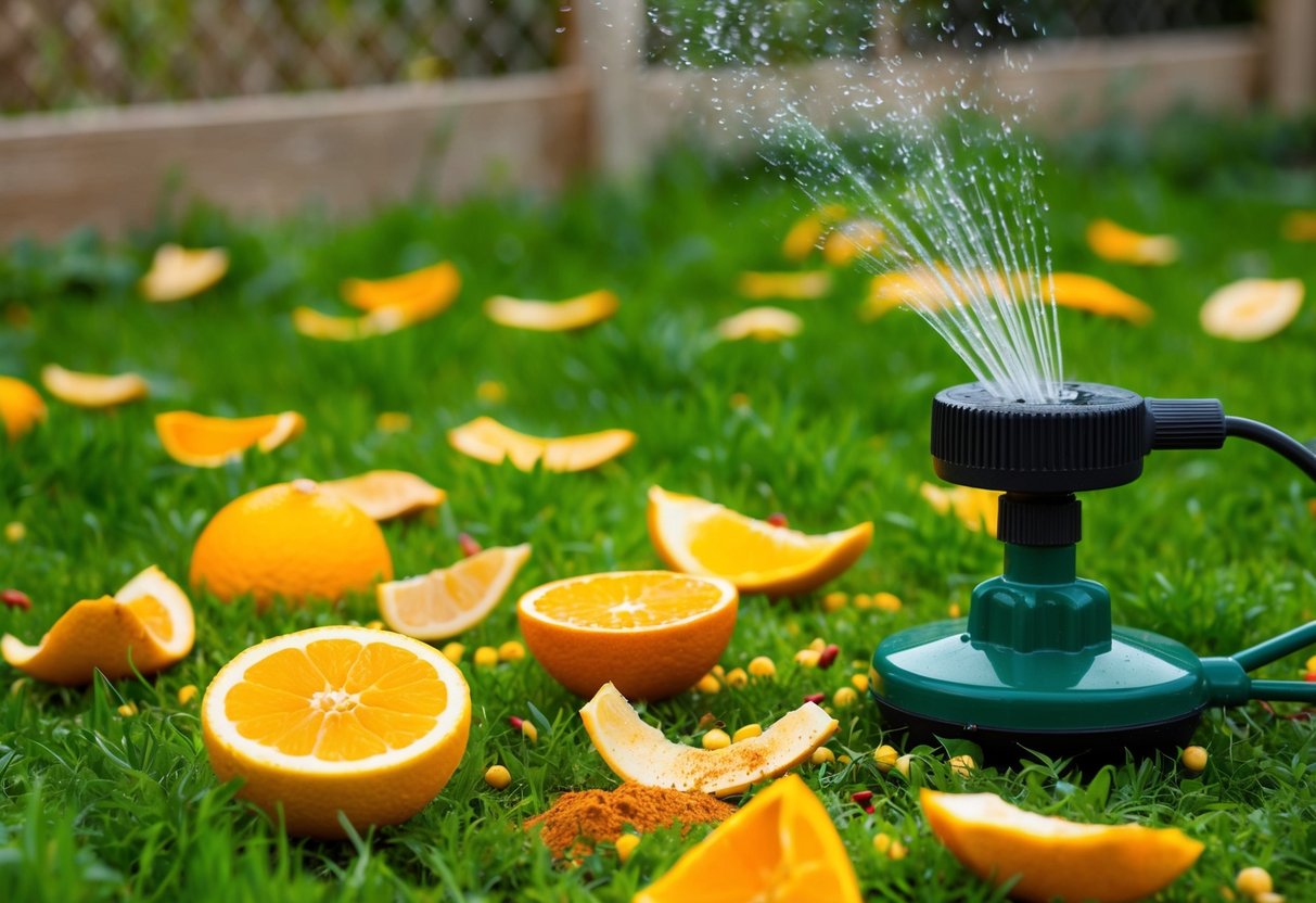 A garden with scattered citrus peels, chili powder, and a fence with a motion-activated sprinkler to deter foxes
