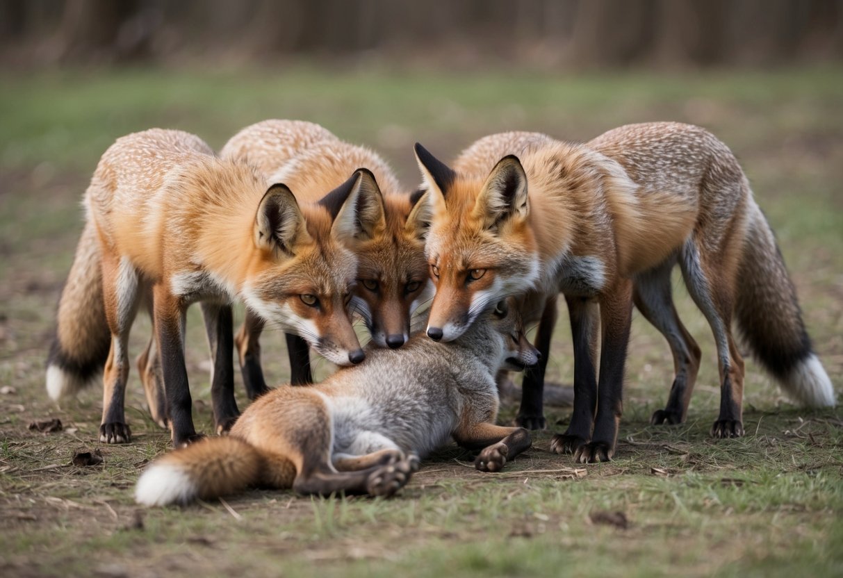 A group of foxes gathers around the deceased fox, sniffing and nuzzling it before eventually dragging it away to a secluded spot