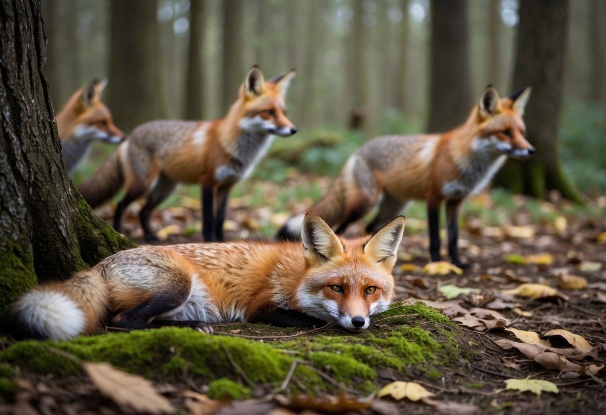 A red fox lies peacefully under the shade of a tree in a forest, surrounded by fallen leaves and moss. Other foxes in the distance pay their respects, sniffing the air with somber expressions