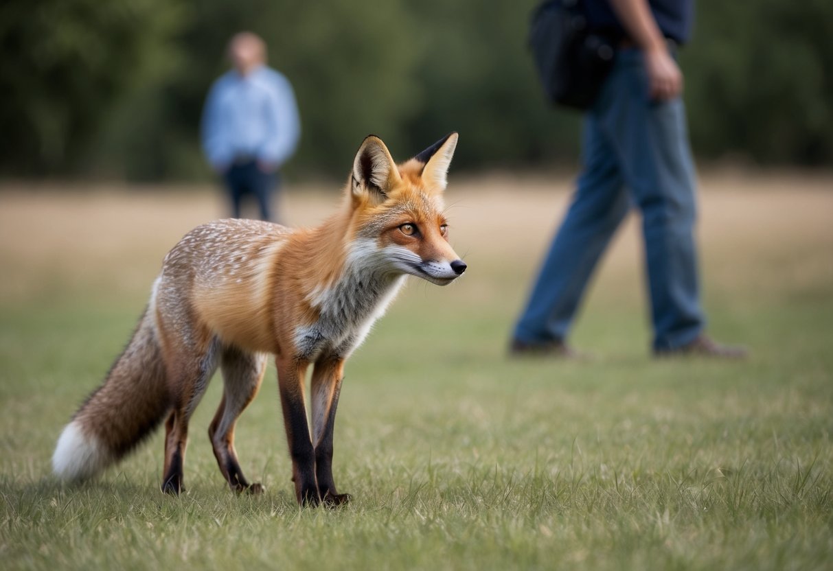 A fox cautiously observes a distant figure, ears perked and tail low, showing signs of fear towards the human presence